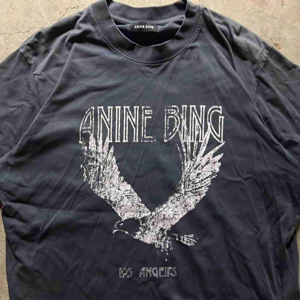 ANINE BING Black Eagle Logo Graphic Crew Neck Cotton Jersey T-Shirt Women L